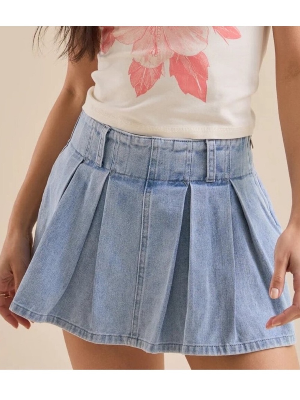 Altar'd State Light Blue Pleated Denim Mini Skort